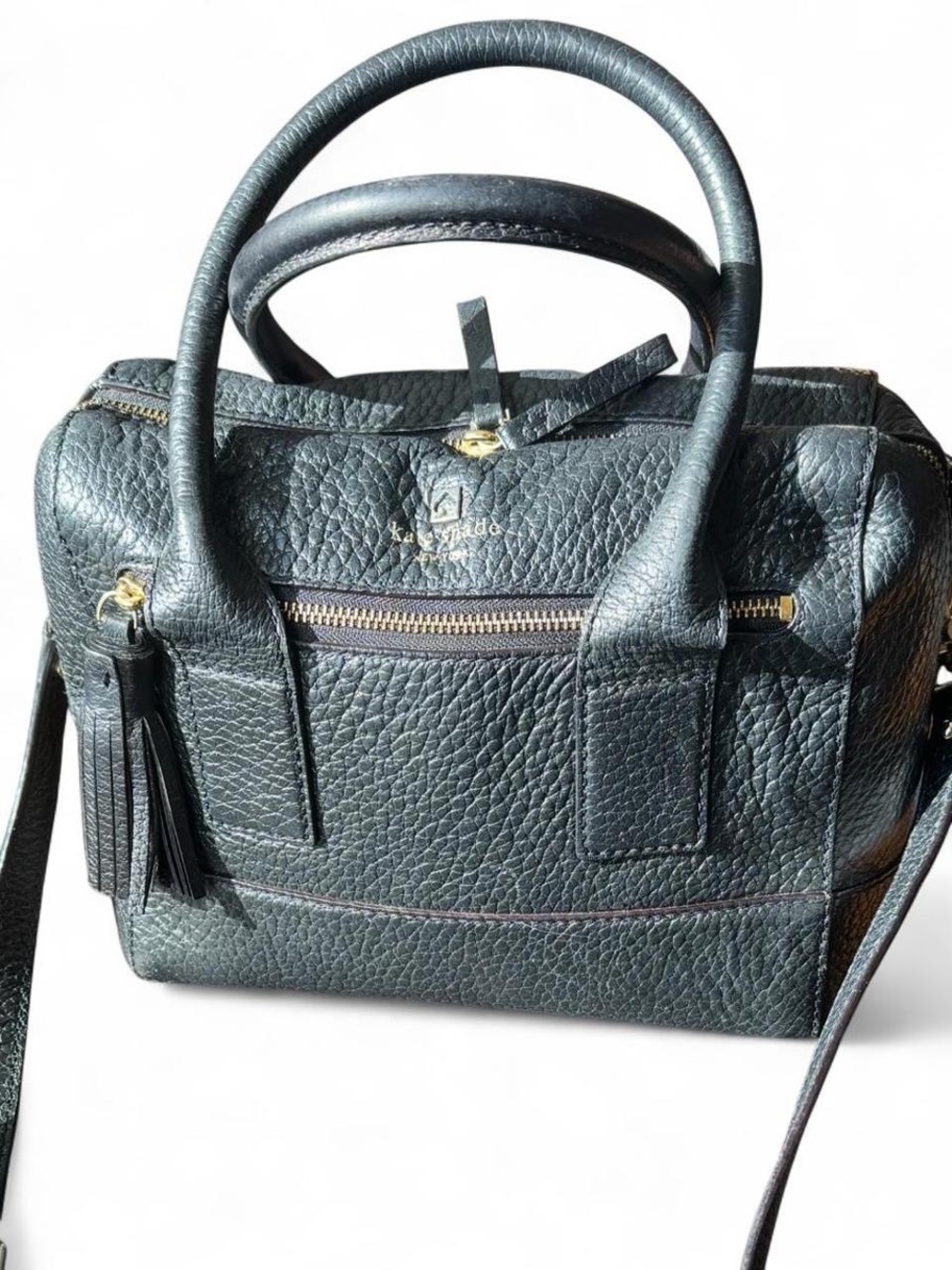 Kate Spade Black Pebbled Leather Satchel Crossbody Tassel Front Zip Pocket